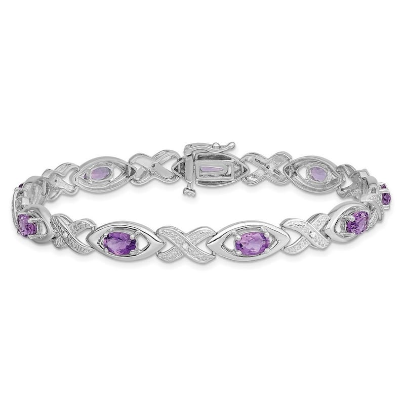 Curata 925 Sterling Silver 7" 6mm Light Swiss Blue Topaz or Amethyst and Diamond Bracelet