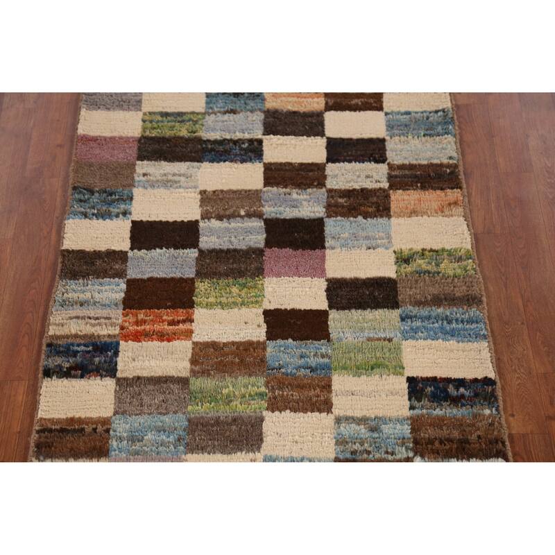 Checkered Moroccan Oriental Runner Rug Hand-Knotted Wool Carpet - 3'2" x 9'8"