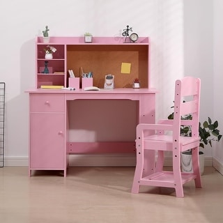 Kids Study Desk and Chair Set, White Wood Desk with Bookshelf, Bulletin Board, and Storage Cabinets