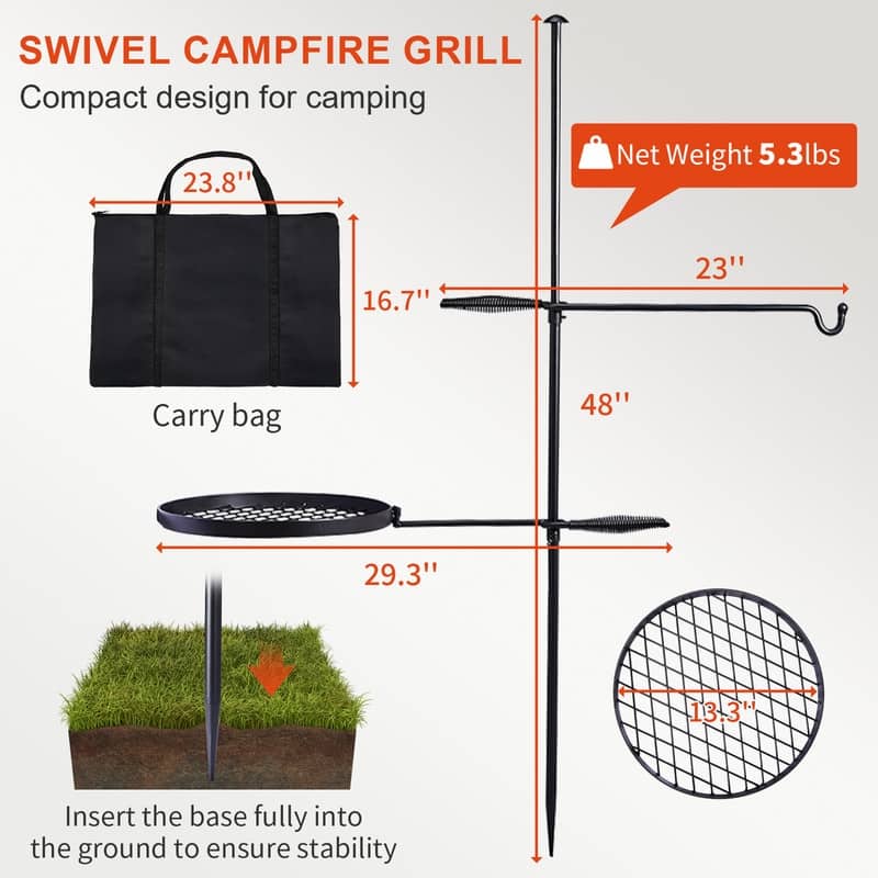 Swivel Campfire Grill With Height Adjustable Grill Grate And Hanger Rod