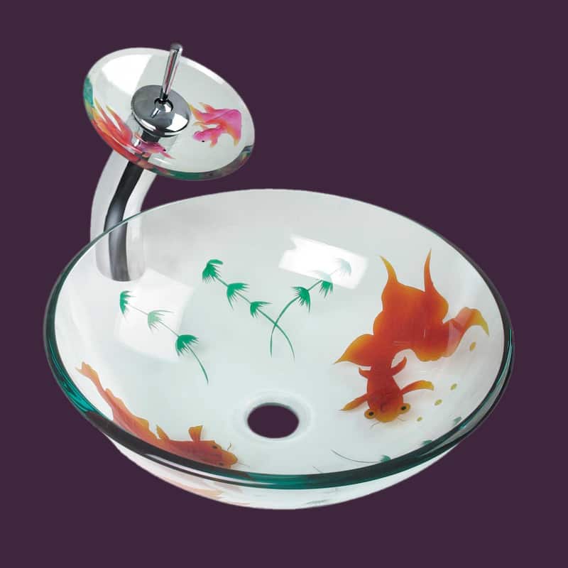 Countertop Sink 16.5" Round Koi Fish Style Tempered Glass Sink with Waterfall Faucet and Chrome Drain Renovators Supply