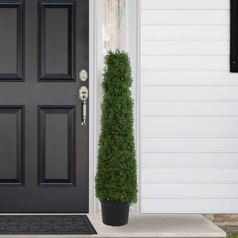 4' Pre-Lit Artificial Boxwood Cone Topiary Tree with Pot Clear Lights - 11