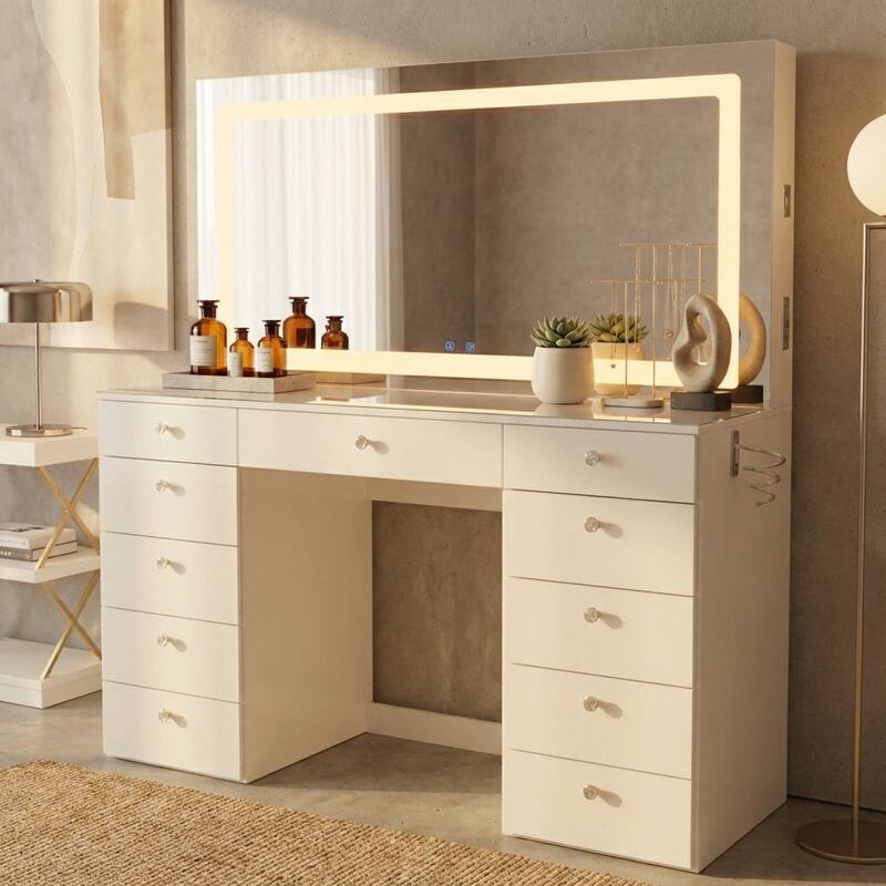 Extra-Large Vanity Desk with LED Mirror, Bluetooth Speakers, 11 Drawers and USB Ports - White