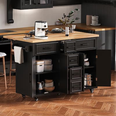 56.5" Kitchen Island with Drop Leaf, Power Outlet, Embossed Vertical Stripe Rolling Kitchen Cart on Wheels with 5 Drawers
