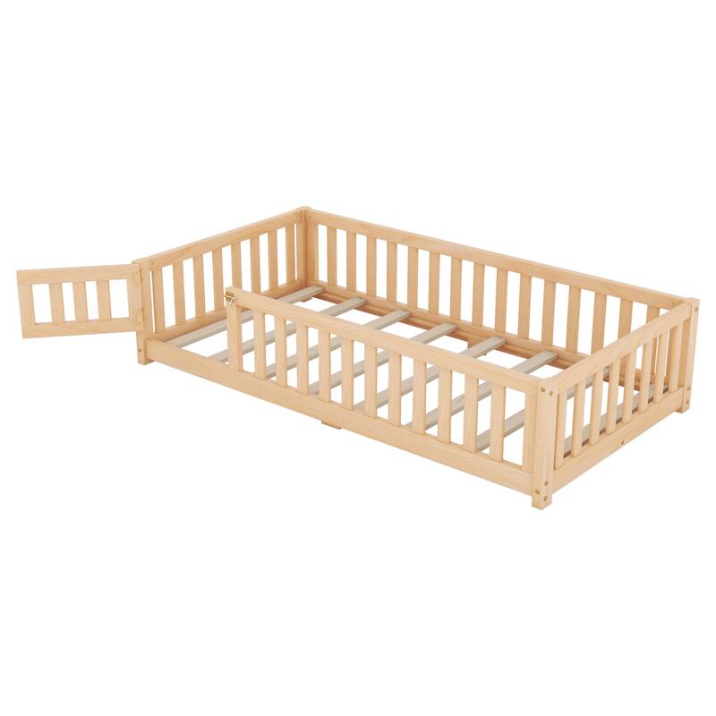 Twin Size Floor Bed with Door & Fence, Wooden Montessori Bed for Kids