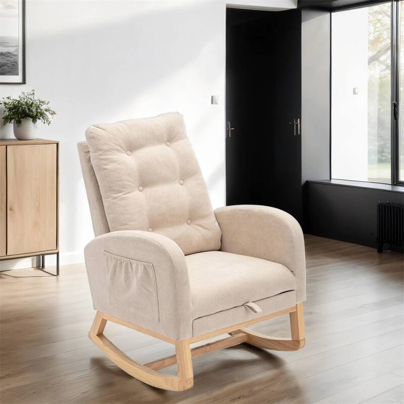 High Back Wood Rocking Chair with Footrest and Side Storage Pocket