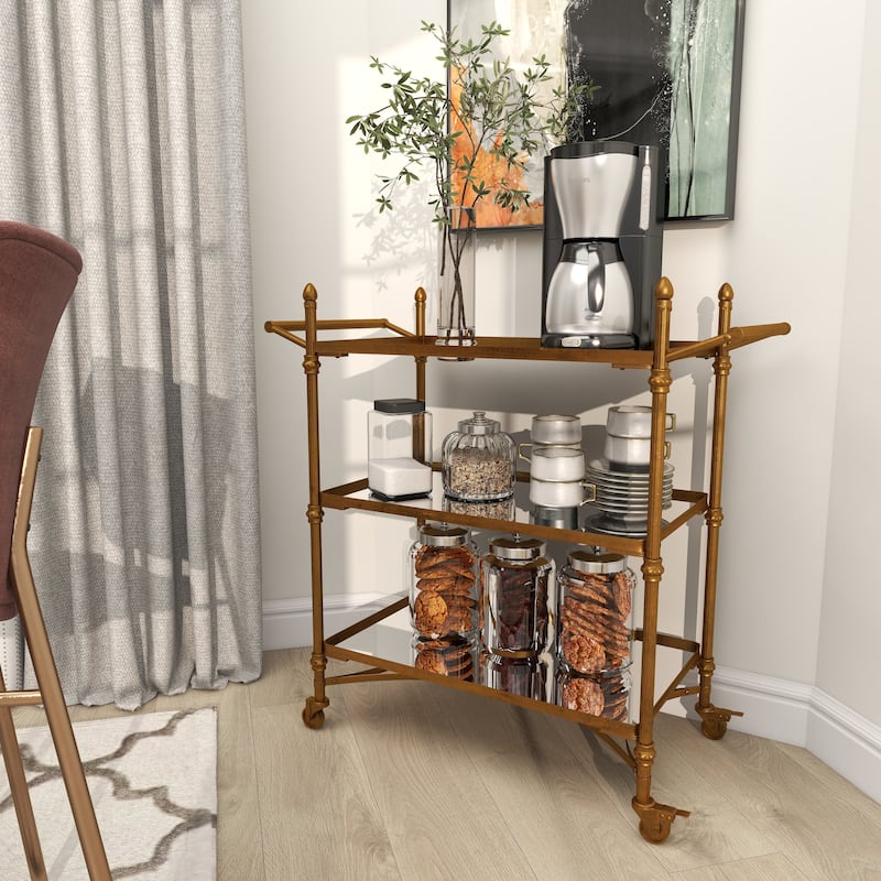 Brass Metal Rolling 3 Mirrored Shelves Bar Cart with Handles