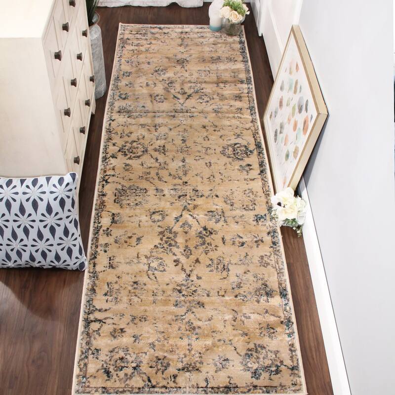 Superior Basilio Distressed Medallion Border Indoor Runner or Area Rug - 2' 7" x 8' - Teal