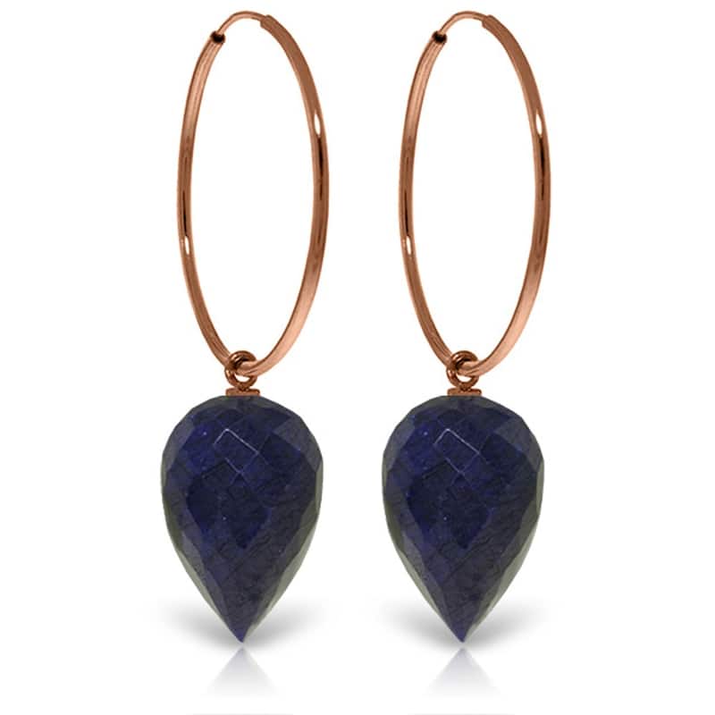 14K Solid Gold Hoop Earrings w/ Pointy Briolette Drop Dyed Sapphires - Rose