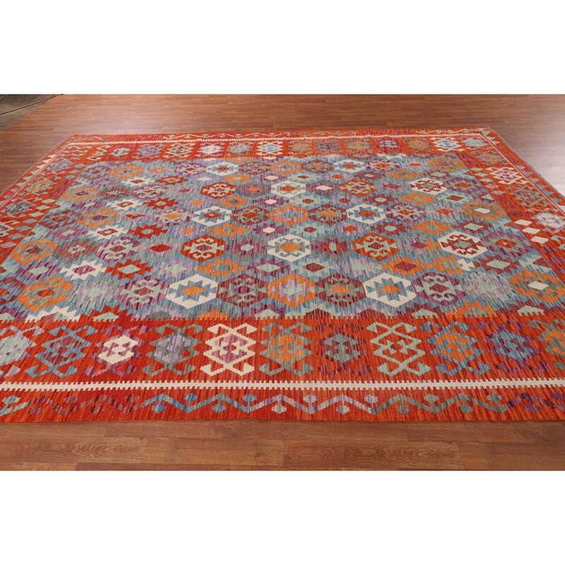 Hand Woven Oriental 100% Wool Carpet Southwestern All-Over Navy Blue & Blues Kilim Area Rug - 11' 10'' X 8' 5''