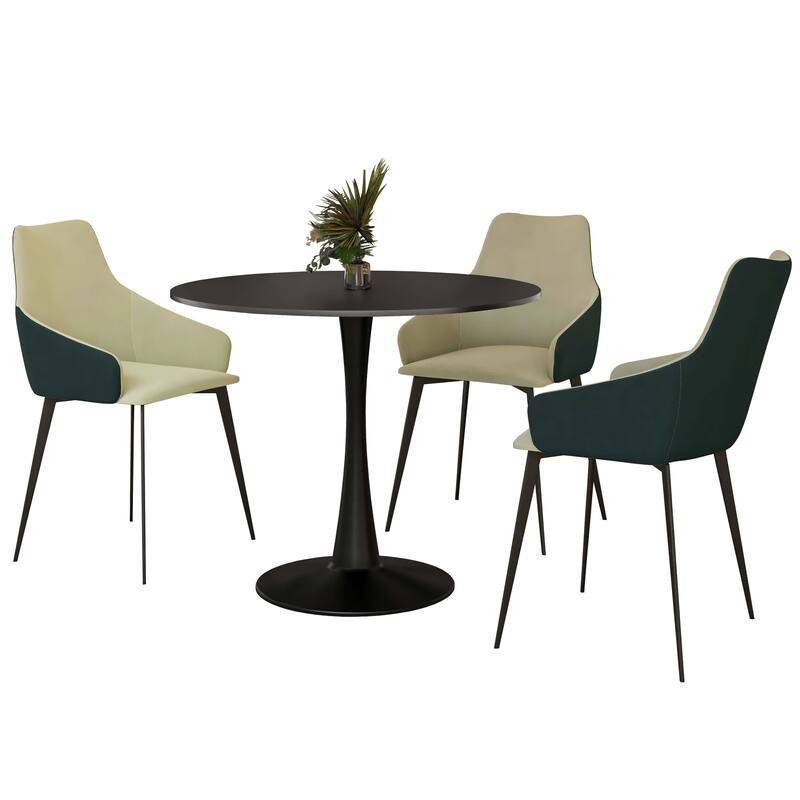 4-Piece Dining Set 35-Inch Round MDF Tabletop Dining Table and 3 Upholstered Side Chairs in Iron - Cream Green Leather