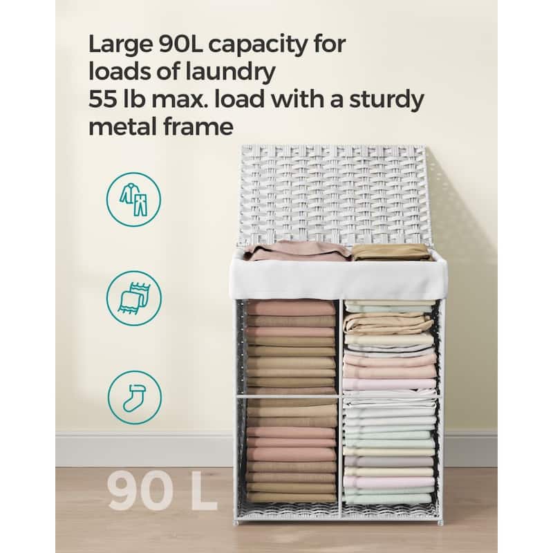 23.8Gallon White Waterproof Rattan Laundry Hamper with Lid and Removable Liner Metal Frame for Small Spaces