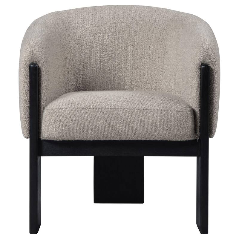Vala Accent Chair, Modern Plush Beige Boucle Barrel Back, Black Wood