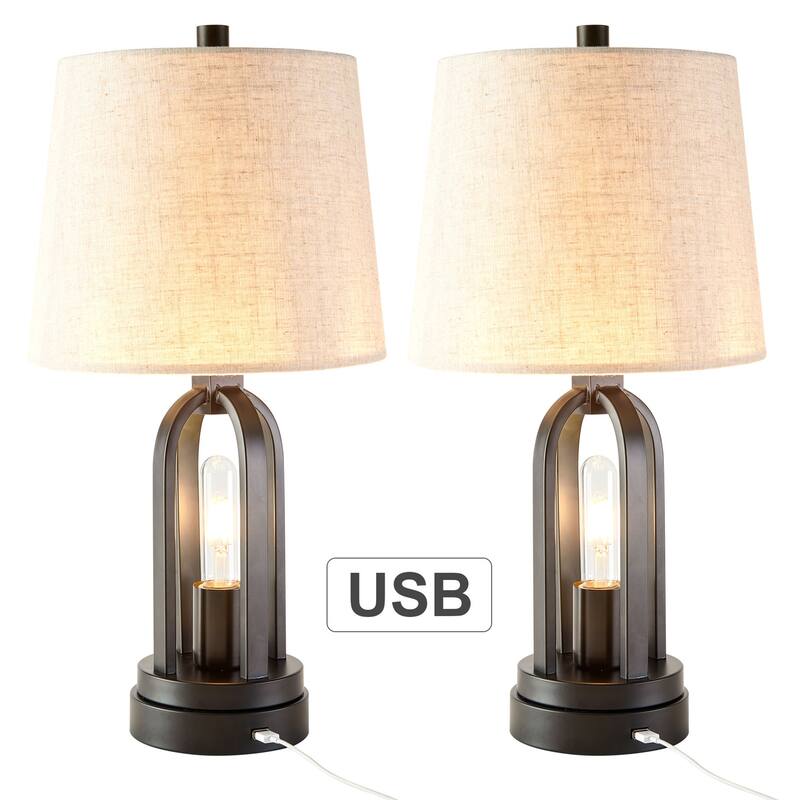 CO-Z Set of 2 Industrial Black Table Lamps with USB Port