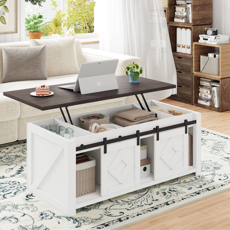 AVAWING Rustic Lift Top Coffee Table with Storage & Sliding Barn Doors – Farmhouse Center Table for Living Room - 47.8'x23.2'