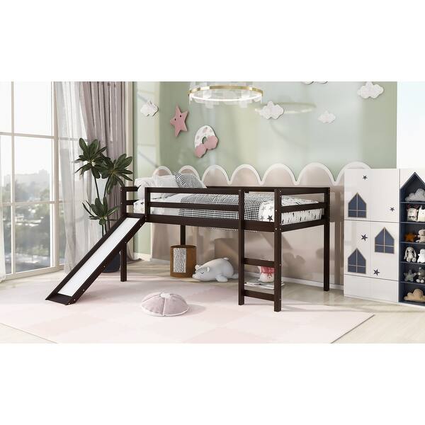slide 2 of 14, Twin Solid Wood Loft Bed with Slide - Stable Wooden Slat Support Espresso - Twin