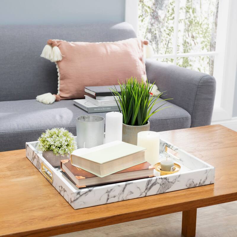 White Marble Tray With Stainless Steel Handles - 18" x 18"