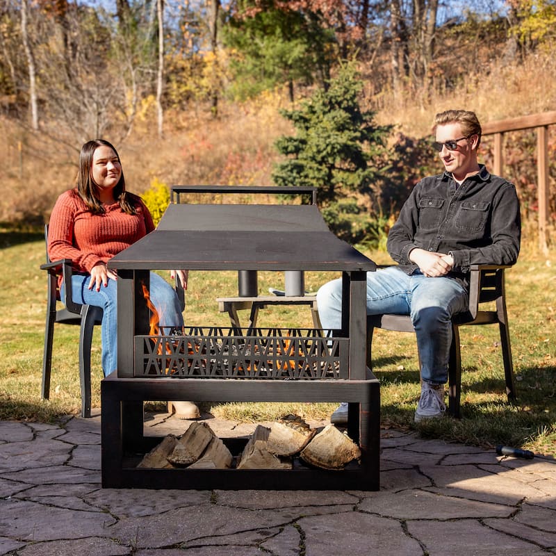 Bronze Steel Outdoor Fireplace with Log Storage - 35" H