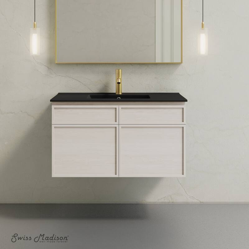 St. Tropez 36" Wall-Mounted Bathroom Vanity In White Oak With Black Sink Top - 36