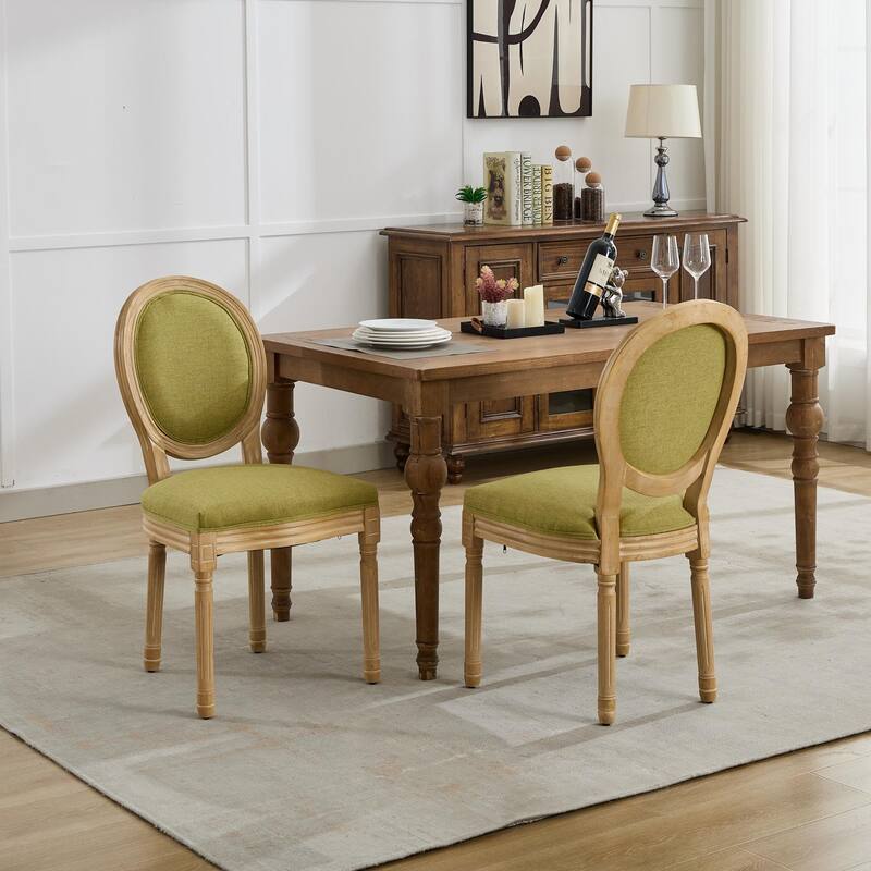 Kitchen Linen Dining Chair Set of 2, Wooden Frame Chair w/ Oval Backrest