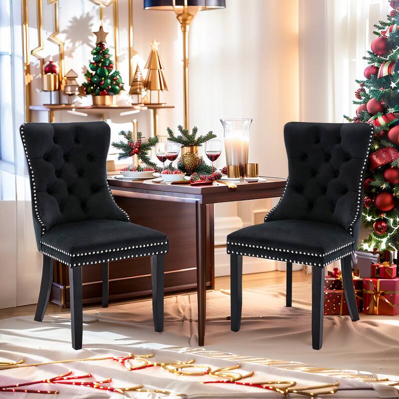 Set of 2 Modern Glam Velvet Dining Chairs - Armless TuftedAccent Side Chairs with Nailhead Trim & Ring Handle - Black