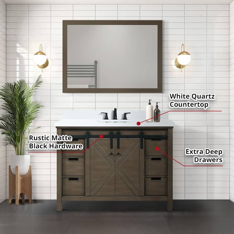 Marsyas 48 in W x 22 in D Ash Grey Bath Vanity, White Quartz Countertop and 44 in Mirror