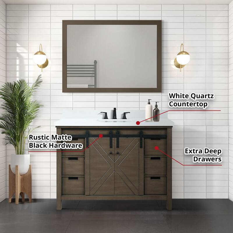 Marsyas 48 in W x 22 in D White Bath Vanity, Grey Quartz Countertop, Faucet Set and 44 in Mirror