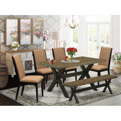 HomeStock 6-Piece Rectangle Distressed Jacobean Finish Solid Wood Top Dining Table with 1-Bench, 4-Chairs