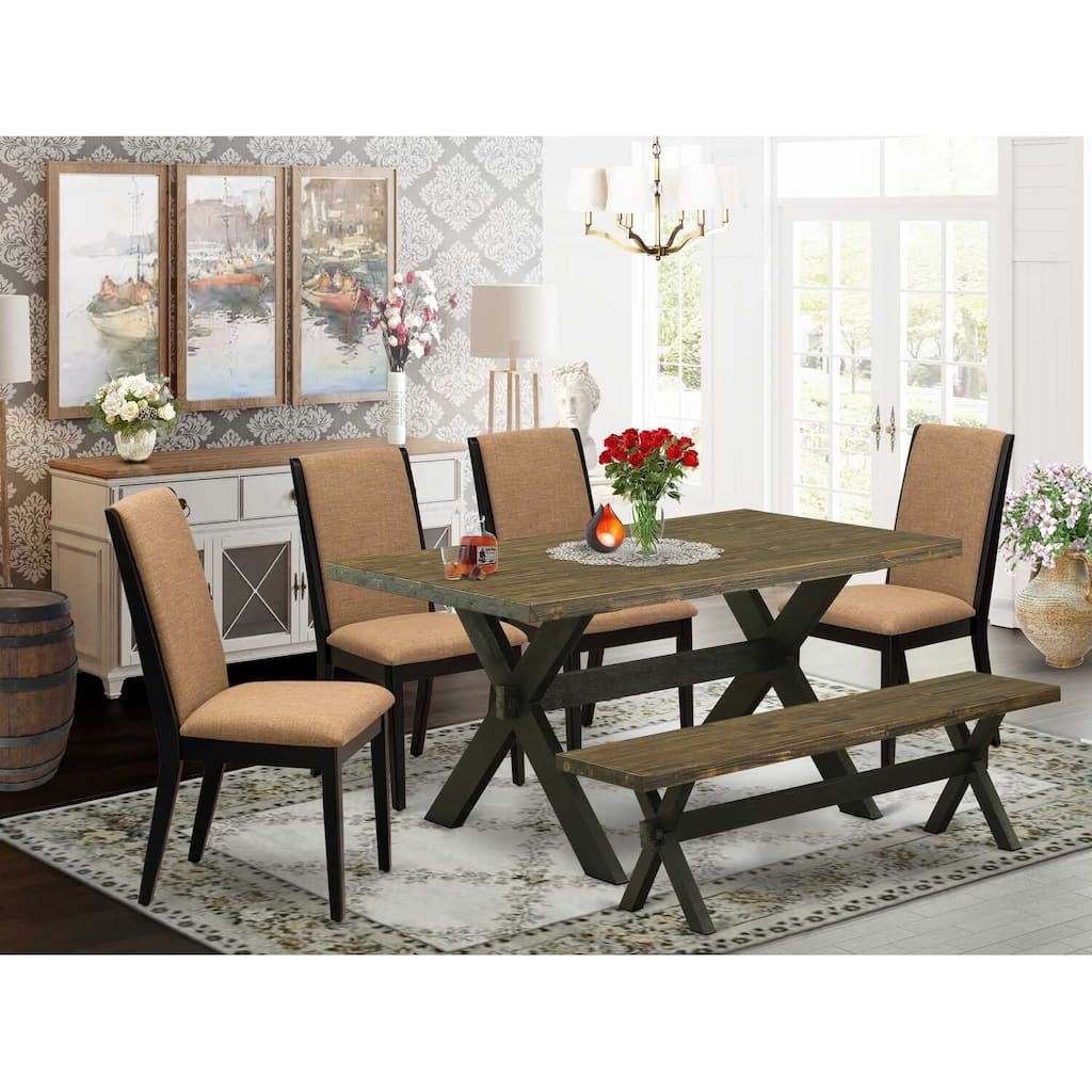 HomeStock 6-Piece Rectangle Distressed Jacobean Finish Solid Wood Top Dining Table with 1-Bench, 4-Chairs