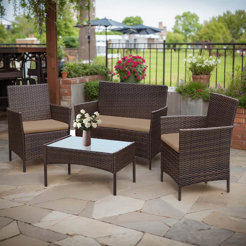 4 Piece Outdoor Patio Furniture Set With Cushions, Patio Wicker Conversation Set & Glass Coffee Table