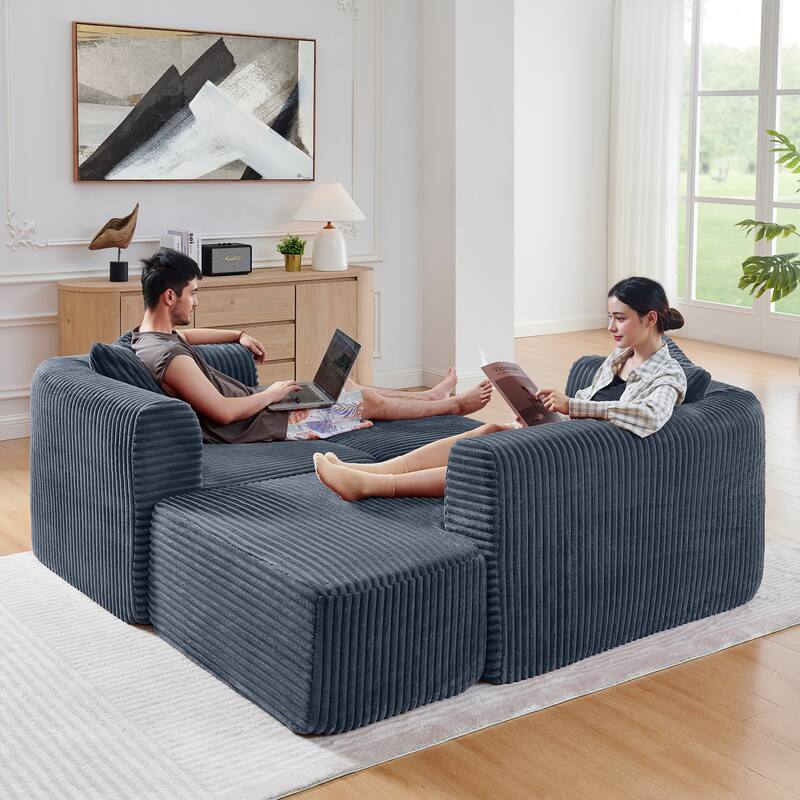 Corduroy Upholstered Couches L-shaped Sectional Sofa with Ottoman