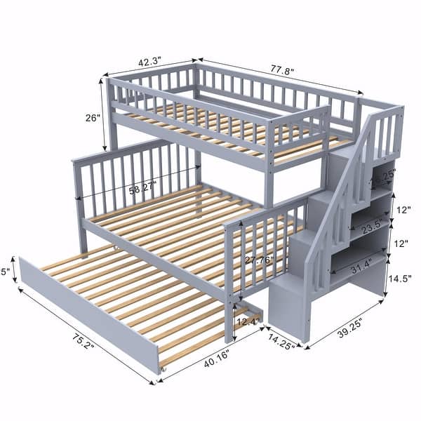 dimension image slide 0 of 2, Convertible Bunk Bed with Trundle, Storage, Safety Guardrails, Modern Design for Kids