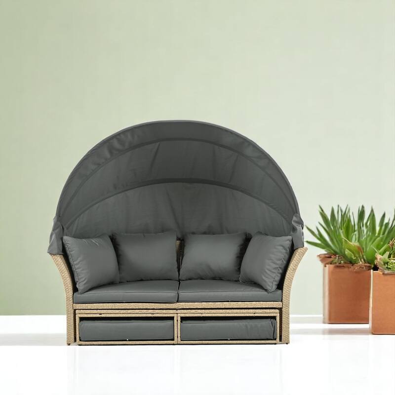 Convertible Patio Daybed Sofa outdoor Furniture Set with Retractable Canopy, Cushions, and Pillows - for Outdoor Use