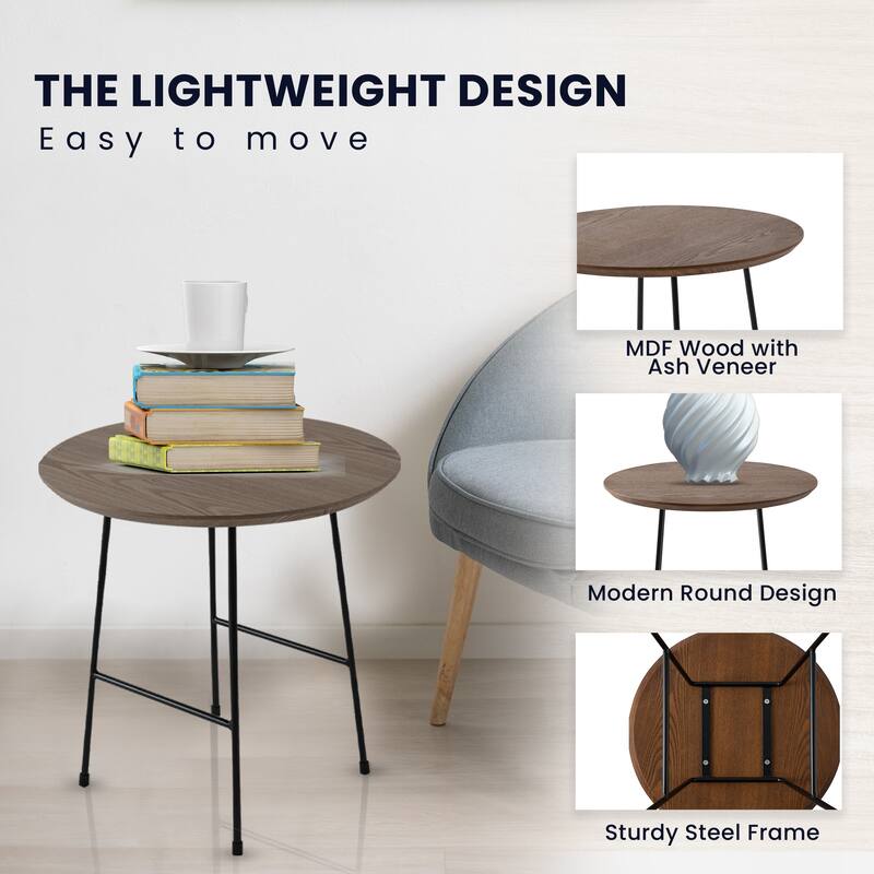Rossmore Mid-Century Modern Round Ash Wood Veneer Side Table with Steel Frame Accent Table for Living Room, Bedroom, or Office