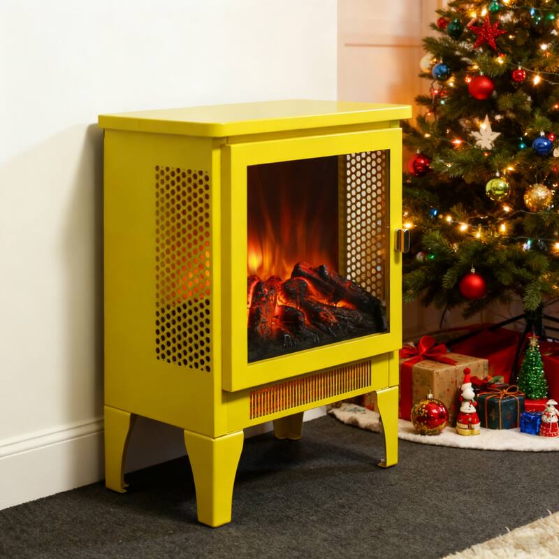 17 inch Freestanding Electric Fireplace Stove heater with 3D Flame effect,Lemon Yellow