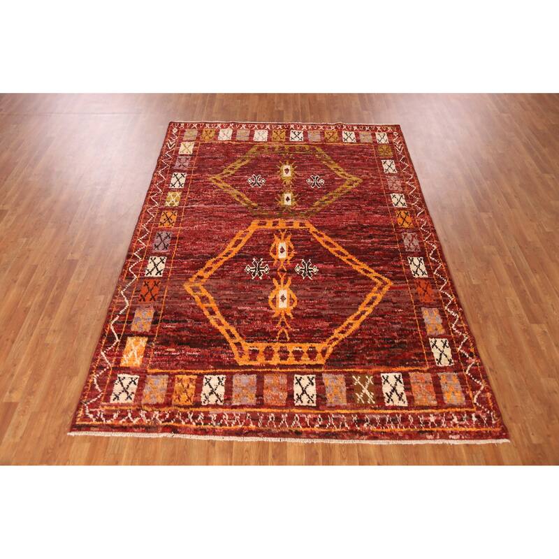 Geometric Red Moroccan Oriental Area Rug Hand-Knotted Wool Carpet - 6'10" x 9'7"
