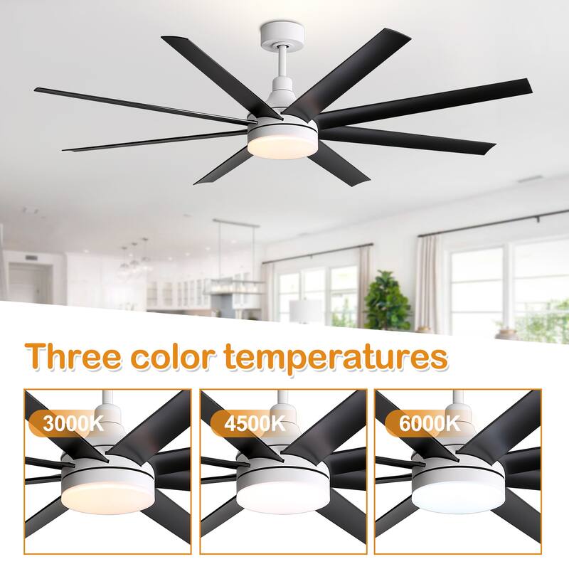 65 Inch LED Black and White Ceiling Fan with Light Remote- 8 Blade