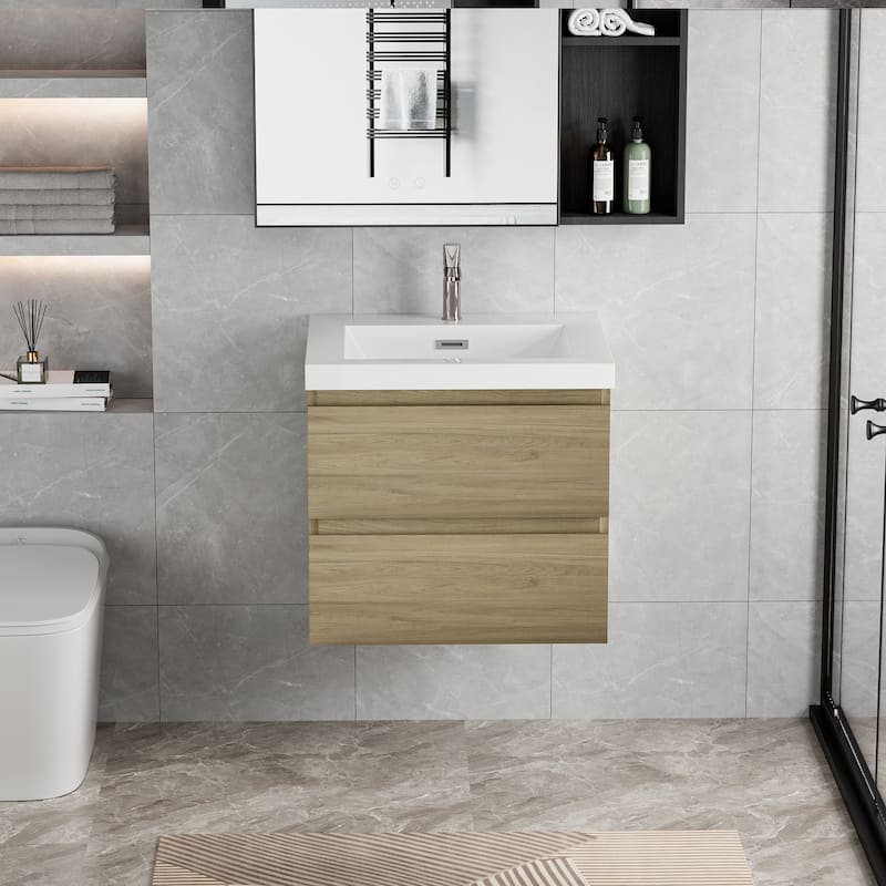 30"Bathroom Vanity with Sink,Modern Wall-Mounted Bathroom Storage Vanity Cabinet with Resin Top Basin and Soft Close Drawers - Oak