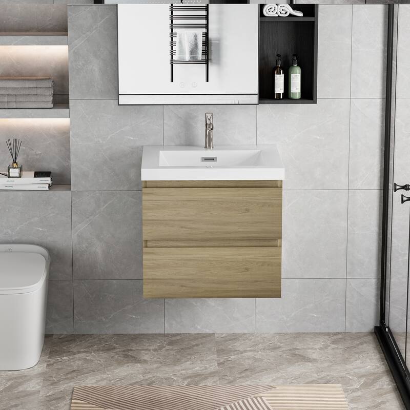 35.5-Inch Floating Bathroom Vanity with Glossy Resin Sink, Ash Grey Color, Wall-Mounted Design, 2 Drawers - 29.53in L Wood - Oak