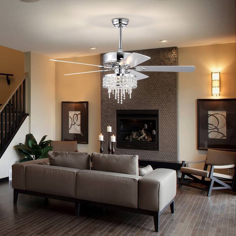 52” Modern Crystal Ceiling Fans with Lights Remote Control, Ceiling Fan with 5 Blade for Living Room, AC Motor, Chrome