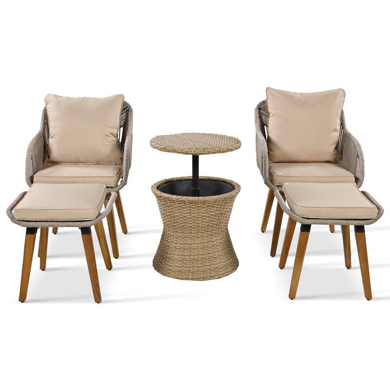 5 Pcs Outdoor Patio Furniture Set, All-Weather Patio Conversation Set with Wicker Cool Bar Table, Single Chairs and Ottomans