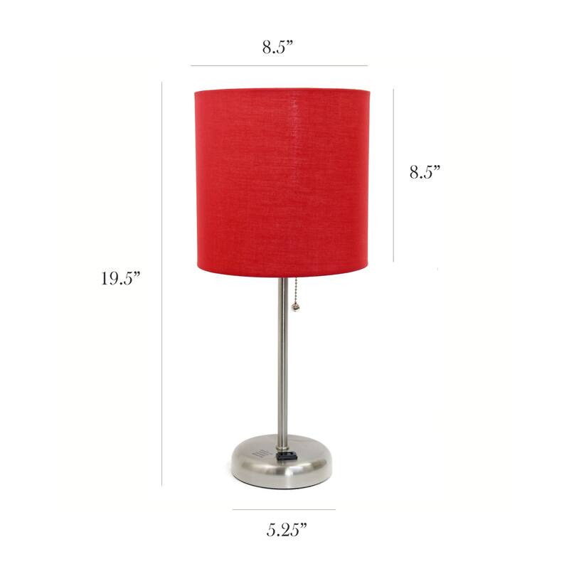 19.5 in. Brushed Steel Finish Table Lamp with Red Shade, Durable Stick Lamp for End/Side Tables, Set of 2