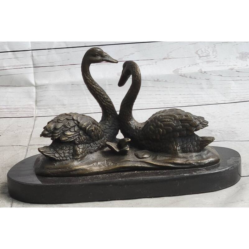 Pair Of Swans Romantic Love Bronze Sculpture Statue Figure Decor On Marble Base Signed Milo