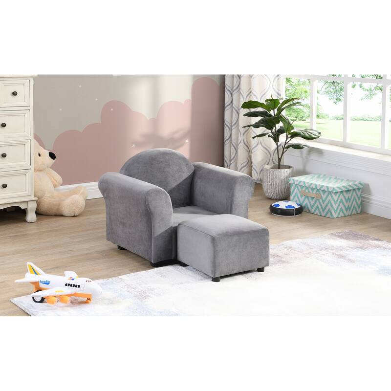 Anmytek Gray Velvet Kids Armchair Ottoman Set Toddler Chair Playroom Nursery Decor - 22.4 in. W X 16.1 in. D X 17.7 in. H