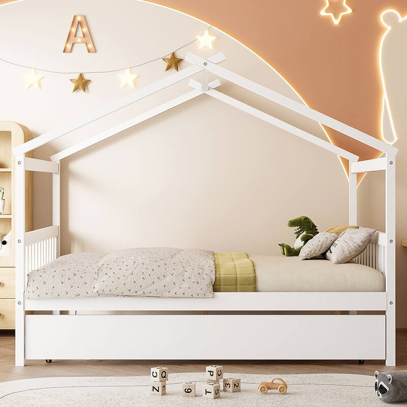 Full Size Wooden House-Shaped Bed With Twin Size Trundle
