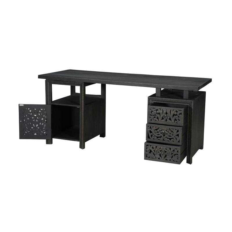 HomeRoots 68" Black Solid Wood and Metal Carved Floral Desk With Three Drawers