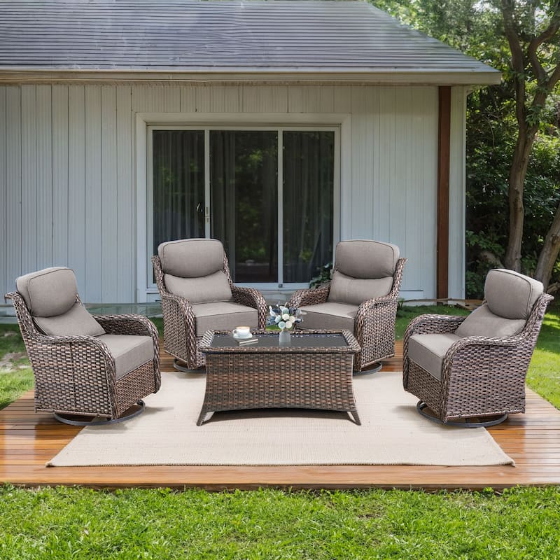 Gymojoy 5-Piece Patio Furniture Set with Swivel Glider Chairs, 6-Inch Ultra-Plush Cushions & Water-Resistant Olefin Fabric - Brown Wicker / Grey Cusion - 5-Piece