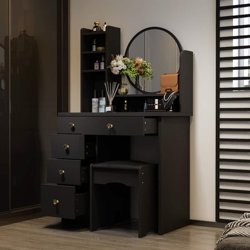 Makeup Vanity Set Dresser w/Mirror Stool 5 Drawers - White/Pink/Black - 31.5"L x 15.7"W x 52"H