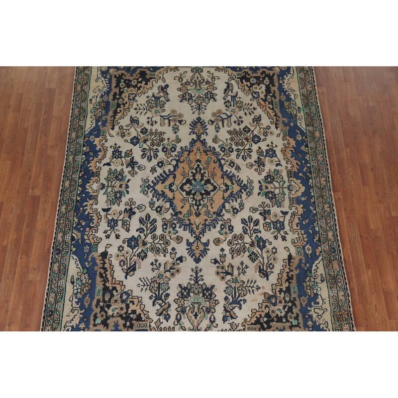 Hand Knotted Oriental 100% Wool Carpet Traditional Medallion Beige & Ivories Hamedan Area Rug - 9' 11'' X 6' 7''