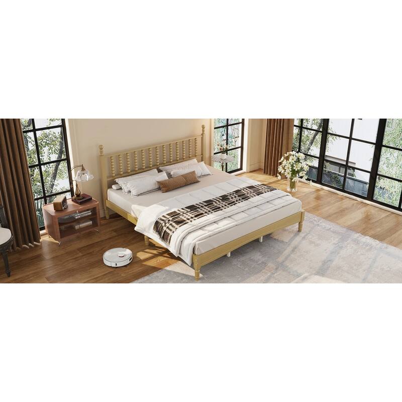 King Size Wood Platform Bed with Gourd Shaped Headboard,Retro Style Platform Bed with Wooden Slat Support, Natural